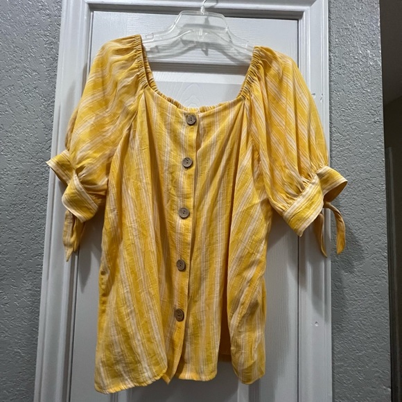 Tops - Lauren Conrad yellow blouse with white stripes size large